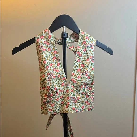 Vintage Style Apple Print Tie Back Crop Top Cottagecore Americana Halter Top S - Picture 2 of 7